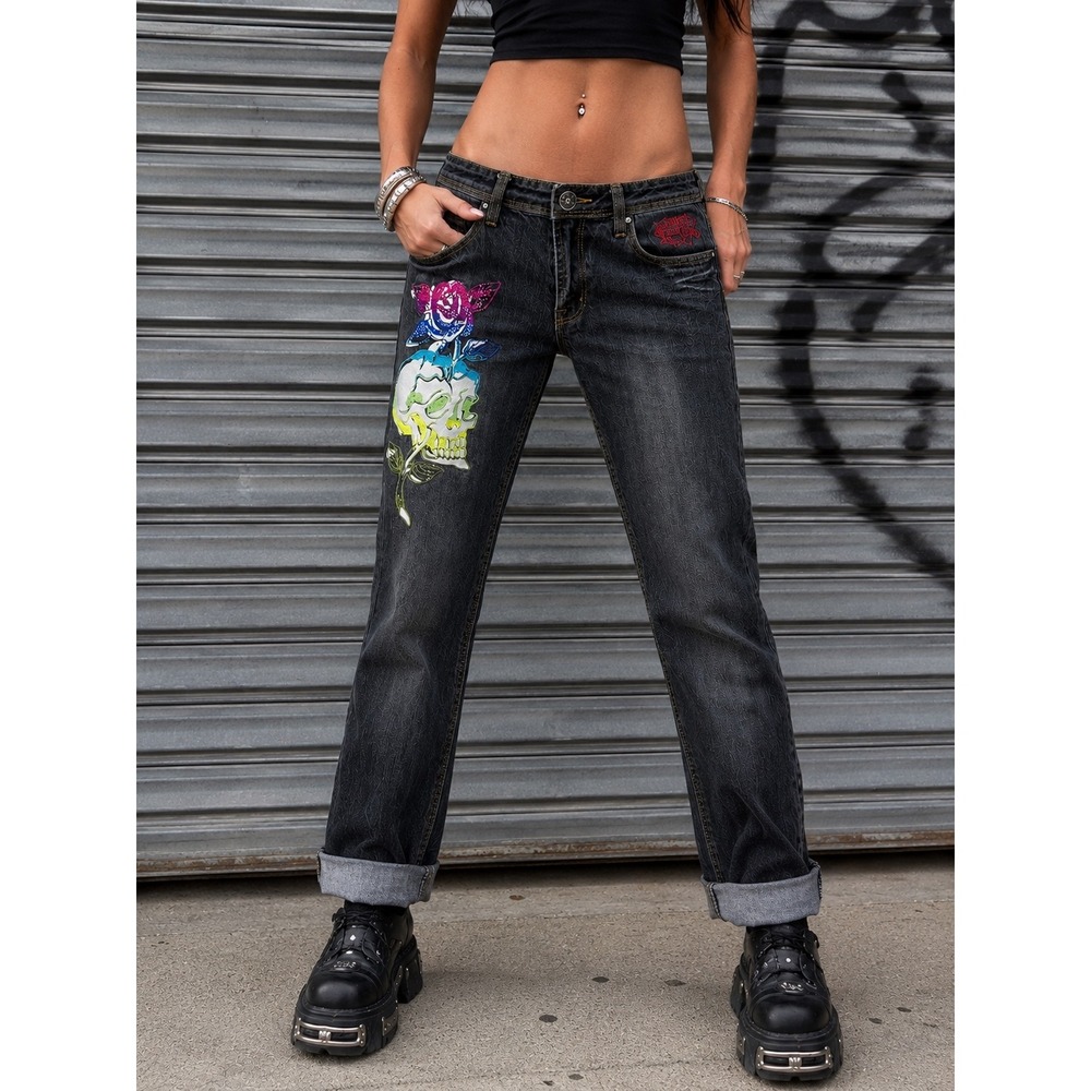 Y2K Ed Hardy Straight Leg Jeans Women 8 Skull Rose Rhinestone Tattoo Graphic